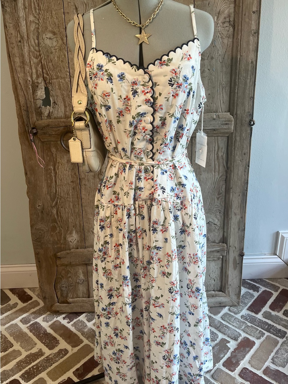 White Coastal Floral Dress with Navy Scallop-Trim Maxi Dress with Buttons NWT